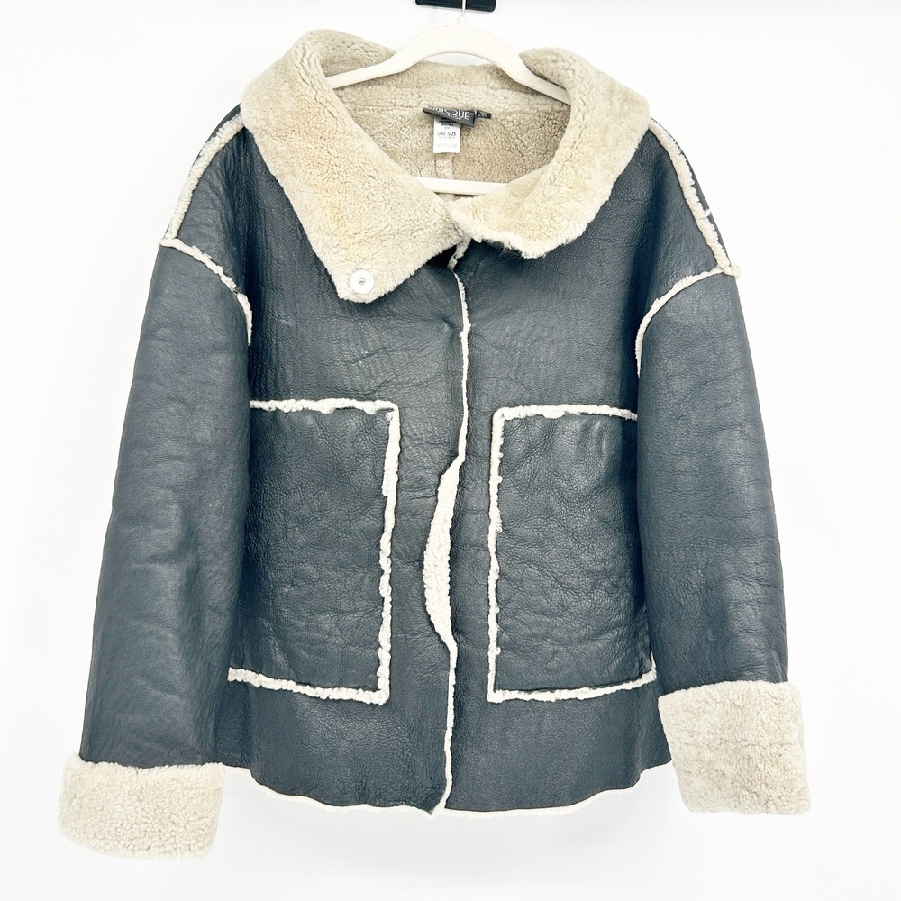 Topshop Unique Womens Y2K Leather Shearling Oversized Aviator Jacket Black OS